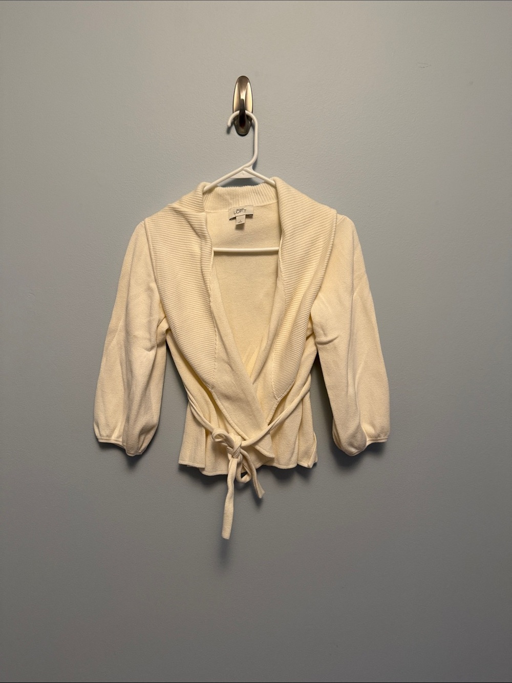 LOFT Cream Open-Front Knit Cardigan with Tie